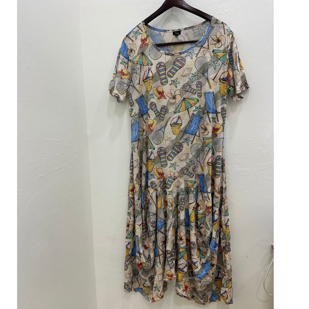 Shana Women Beach Novelty Print Midi Dress Short Sleeve Draped Hem Multicolor M